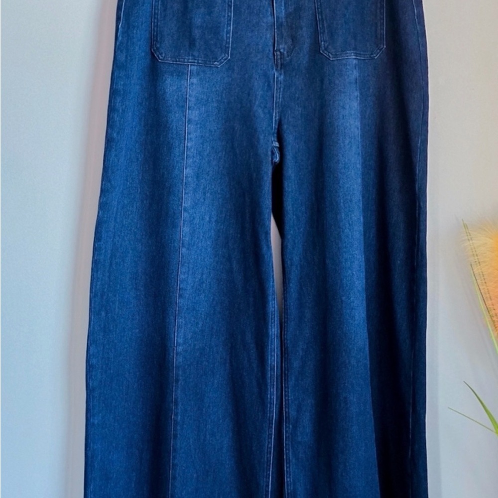 HALARA FLex High Waist Pocket Dark Wash Wide Leg Soft Stretch Jeans SZ Large 70s - Picture 2 of 10
